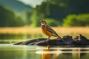 a bird is standing on a log in the water. AI-Generated photo