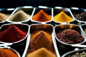 a variety of spices in metal bowls. AI-Generated photo