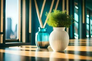 two vases with plants on a wooden floor. AI-Generated photo