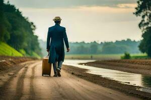 a man in a suit and hat walking down a dirt road with a suitcase. AI-Generated photo