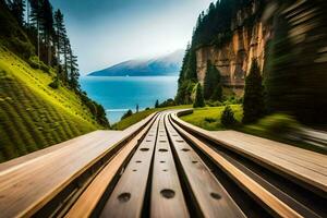 a train going down a track with mountains in the background. AI-Generated photo