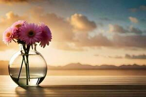 flowers in a vase on a table with sunset in the background. AI-Generated photo