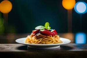 a plate of spaghetti with strawberries and mint on a wooden table. AI-Generated photo