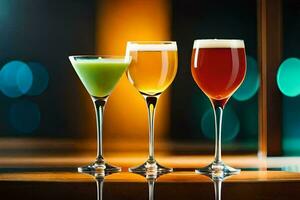 three different types of drinks in glasses on a table. AI-Generated photo