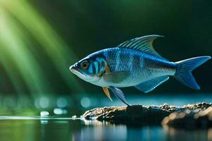 un pescado es en pie en un rock en el agua. generado por ai foto