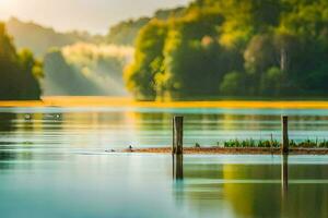 un lago con un de madera enviar en el medio de él. generado por ai foto