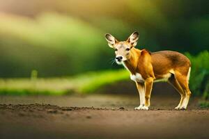 a deer stands on the dirt road in front of a green background. AI-Generated photo