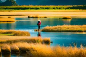 a man standing in the middle of a river. AI-Generated photo