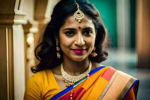 a woman in a sari with a gold necklace. AI-Generated photo