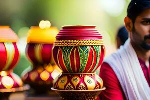 a man in a red and yellow sari standing next to a colorful vase. AI-Generated photo