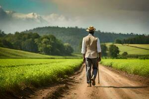 a man in a hat and vest walking down a dirt road. AI-Generated photo