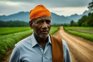 un africano hombre vistiendo un naranja turbante soportes en el medio de un suciedad la carretera. generado por ai foto