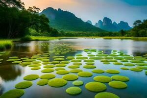 the green water lily plants are growing in the water. AI-Generated photo