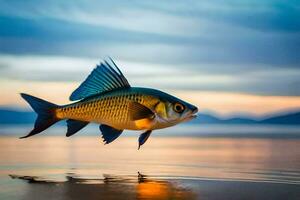 un pescado es volador terminado el agua a puesta de sol. generado por ai foto