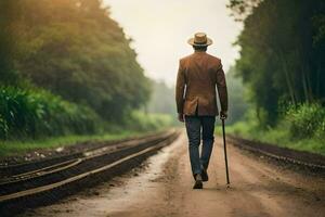 un hombre caminando en un tren pista con un caña. generado por ai foto