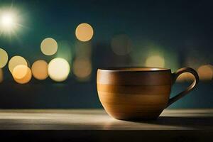 un café taza en un mesa en frente de un paisaje urbano generado por ai foto