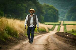 a man in a hat walks down a dirt road. AI-Generated photo