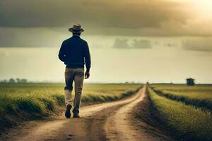 a man walking down a dirt road in the middle of a field. AI-Generated photo