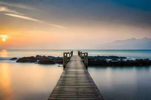 un de madera muelle estiramientos fuera dentro el Oceano a puesta de sol. generado por ai foto