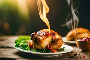 a plate with a roasted chicken on it and a bowl of vegetables. AI-Generated photo