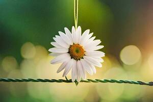 a daisy is hanging from a wire fence. AI-Generated photo