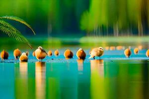 a group of ducks standing in the water. AI-Generated photo