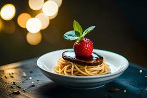 spaghetti with a strawberry and a slice of bread. AI-Generated photo
