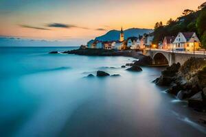 a long exposure photograph of a town on the coast at sunset. AI-Generated photo