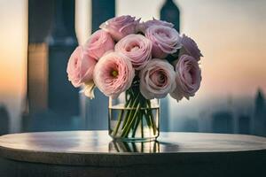 pink roses in a vase on a table in front of a city skyline. AI-Generated photo
