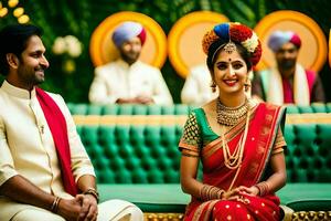 a bride and groom sitting on a green couch. AI-Generated photo