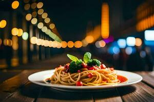 a plate of spaghetti and broccoli on a wooden table. AI-Generated photo