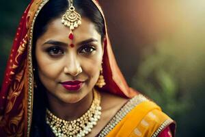un hermosa indio mujer vistiendo tradicional joyas. generado por ai foto