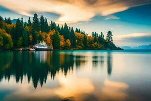 a boat sits on the water in front of a forest. AI-Generated photo