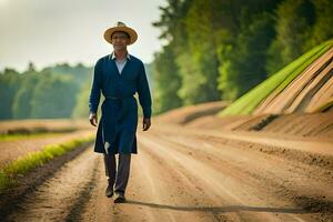 a man in a blue dress and hat walking down a dirt road. AI-Generated photo