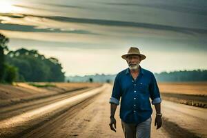 un antiguo hombre en un sombrero camina abajo un suciedad la carretera. generado por ai foto