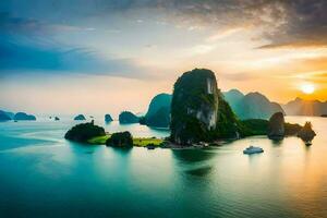 the sun sets over the water in halong bay, vietnam. AI-Generated photo