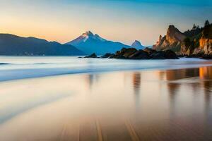 a beach with mountains in the background. AI-Generated photo