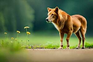 un marrón perro es en pie en el medio de un campo. generado por ai foto
