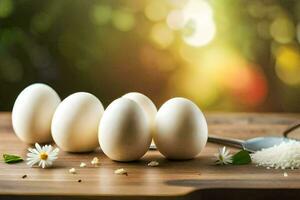 five eggs on a wooden table with a spoon and salt. AI-Generated photo