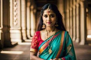 un hermosa indio mujer en un sari. generado por ai foto
