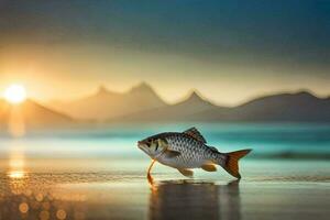 un pescado es en pie en el playa a puesta de sol. generado por ai foto