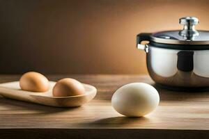 two eggs on a wooden table next to a pot. AI-Generated photo