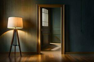 an empty room with a lamp on a wooden floor. AI-Generated photo