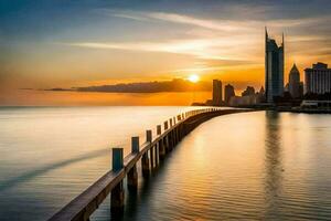 the sun sets over the city skyline in abu dhabi. AI-Generated photo