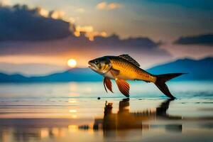 a fish is standing on the water at sunset. AI-Generated photo