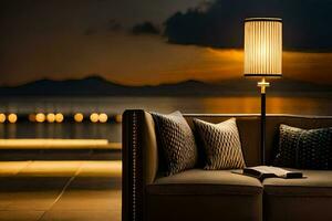 a couch with a lamp on it sitting in front of a pool. AI-Generated photo