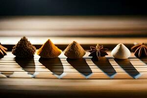 a row of spices on a wooden table. AI-Generated photo