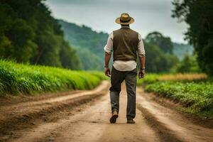 a man in a hat and vest walking down a dirt road. AI-Generated photo