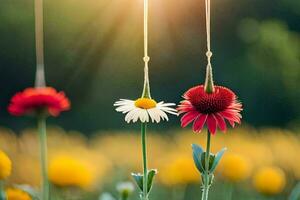 three flowers hanging from strings in a field. AI-Generated photo