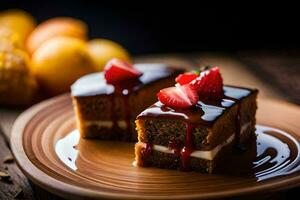 two pieces of cake with strawberries on a wooden plate. AI-Generated photo